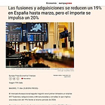 Las fusiones y adquisiciones se reducen un 19% en Espaa hasta marzo, pero el importe se impulsa un 20%